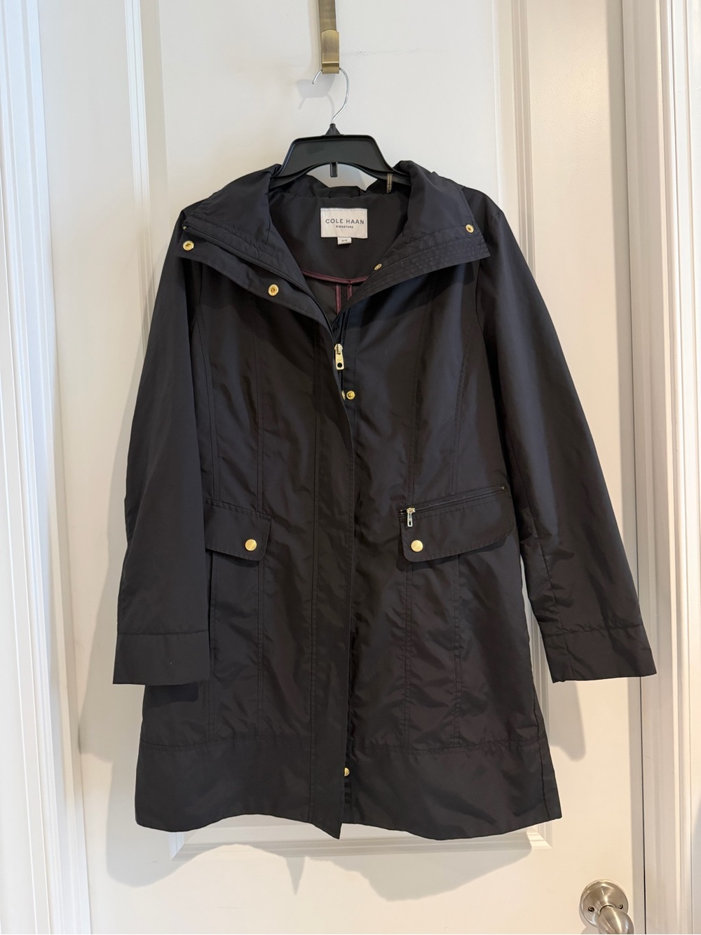 Cole Haan Black Hooded Rain Trench with Gold Hardware, size M